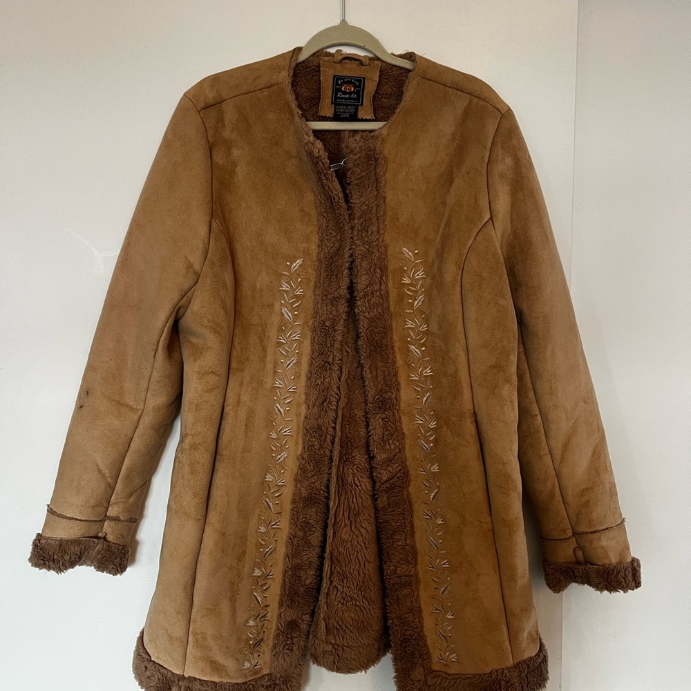 Route 66 Women's Tan Faux Suede Teddy Coat with Embroidered Trim